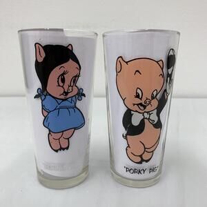 Porky Pig and Petunia Pig Vintage Pepsi Collector's Series Glasses Pair 1973
